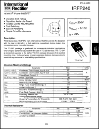 IRFP240 datasheet: HEXFET power MOSFET. VDSS = 200V, RDS(on) = 0.18 Ohm, ID = 20A IRFP240