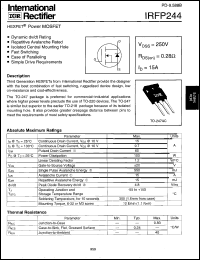 IRFP244 datasheet: HEXFET power MOSFET. VDSS = 250V, RDS(on) = 0.28 Ohm, ID = 15A IRFP244