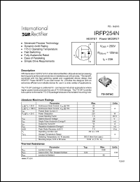 IRFP254N datasheet: HEXFET power MOSFET. VDSS = 250 V, RDS(on) = 125 mOhm, ID = 23 A IRFP254N