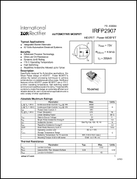 IRFP2907 datasheet: HEXFET power MOSFET. VDSS = 75 V, RDS(on) = 4.5 mOhm, ID = 209 A IRFP2907