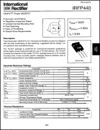 IRFP440 datasheet: HEXFET power MOSFET. VDSS = 500 V, RDS(on) = 0.85 Ohm, ID = 8.8 A IRFP440