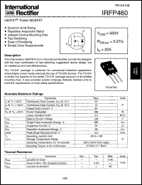 IRFP460 datasheet: HEXFET power MOSFET. VDSS = 500 V, RDS(on) = 0.27 Ohm, ID = 20 A IRFP460