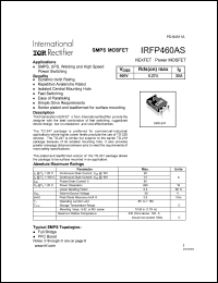 IRFP460AS datasheet: HEXFET power MOSFET. VDSS = 500 V, RDS(on) = 0.27 Ohm, ID = 20 A IRFP460AS