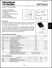 IRFP9240 datasheet: HEXFET power MOSFET. VDSS = -200 V, RDS(on) = 0.50 Ohm, ID = -12 A IRFP9240