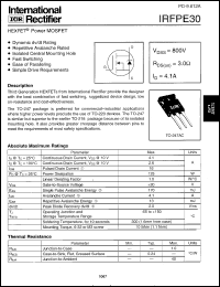 IRFPE30 datasheet: HEXFET power MOSFET. VDSS = 800 V, RDS(on) = 3.0 Ohm, ID = 4.1 A IRFPE30