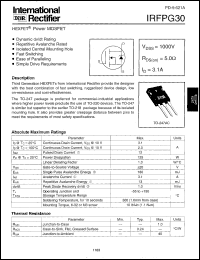 IRFPG30 datasheet: HEXFET power MOSFET. VDSS = 1000 V, RDS(on) = 5.0 Ohm, ID = 3.1 A IRFPG30