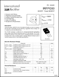 IRFPG50 datasheet: HEXFET power MOSFET. VDSS = 1000 V, RDS(on) = 2.0 Ohm, ID = 6.1 A IRFPG50