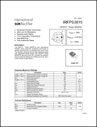 IRFPS3815 datasheet: HEXFET power MOSFET. VDSS = 150 V, RDS(on) = 0.015 Ohm, ID = 105 A IRFPS3815