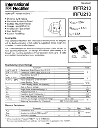 IRFR210 datasheet: HEXFET power MOSFET. VDSS = 200V, RDS(on) = 1.5 Ohm, ID = 2.6A IRFR210