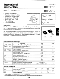 IRFR310 datasheet: HEXFET power MOSFET. VDSS = 400V, RDS(on) = 3.6 Ohm, ID = 1.7A IRFR310
