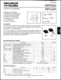 IRFU420 datasheet: HEXFET power MOSFET. VDSS = 500V, RDS(on) = 3.0 Ohm, ID = 2.4A IRFU420