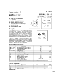 IRFU5410 datasheet: HEXFET power MOSFET. VDSS = -100V, RDS(on) = 0.205 Ohm, ID = -13A IRFU5410
