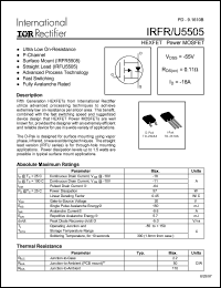 IRFU5505 datasheet: HEXFET power MOSFET. VDSS = -55V, RDS(on) = 0.11 Ohm, ID = -18A IRFU5505