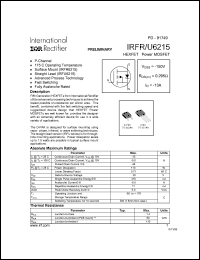 IRFU6215 datasheet: HEXFET power MOSFET. VDSS = -150V, RDS(on) = 0.295 Ohm, ID = -13A IRFU6215