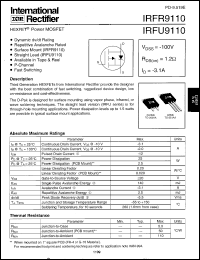 IRFU9110 datasheet: HEXFET power MOSFET. VDSS = -100V, RDS(on) = 1.2 Ohm, ID = -3.1A IRFU9110