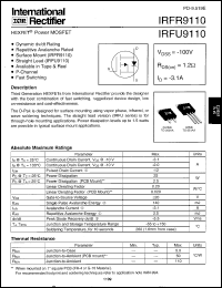 IRFR9110 datasheet: HEXFET power MOSFET. VDSS = -100V, RDS(on) = 1.2 Ohm, ID = -3.1A IRFR9110