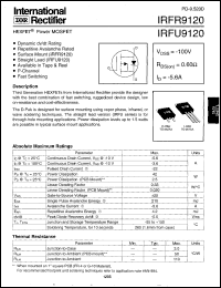 IRFR9120 datasheet: HEXFET power MOSFET. VDSS = -100V, RDS(on) = 0.60 Ohm, ID = -5.6A IRFR9120