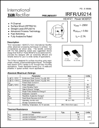 IRFU9214 datasheet: HEXFET power MOSFET. VDSS = -250V, RDS(on) = 3.0 Ohm, ID = -2.7A IRFU9214
