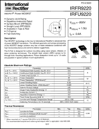 IRFU9220 datasheet: HEXFET power MOSFET. VDSS = -200V, RDS(on) = 1.5 Ohm, ID = -3.6A IRFU9220