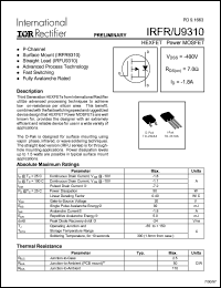 IRFU9310 datasheet: HEXFET power MOSFET. VDSS = -400V, RDS(on) = 7.0 Ohm, ID = -1.8A IRFU9310