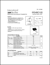 IRG4BC10S datasheet: Insulated gate bipolar transistor. VCES = 600V, VCE(on)typ. = 1.10V @ VGE = 15V, IC = 2.0A IRG4BC10S