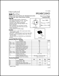 IRG4BC20KD datasheet: Insulated gate bipolar transistor with ultrafast soft recovery diode. VCES = 600V, VCE(on)typ. = 2.27V @ VGE = 15V, IC = 9.0A IRG4BC20KD