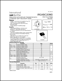 IRG4BC20MD datasheet: Insulated gate bipolar transistor with ultrafast soft recovery diode. VCES = 600V, VCE(on)typ. = 1.85V @ VGE = 15V, IC = 11A IRG4BC20MD