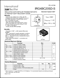 IRG4BC20SD-S datasheet: Insulated gate bipolar transistor with ultrafast soft recovery diode. VCES = 600V, VCE(on)typ. = 1.4V @ VGE = 15V, IC = 10A IRG4BC20SD-S