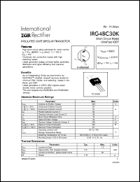 IRG4BC30K datasheet: Insulated gate bipolar transistor. VCES = 600V, VCE(on)typ. = 2.21V @ VGE = 15V, IC = 16A IRG4BC30K