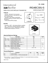 IRG4BC30U-S datasheet: Insulated gate bipolar transistor. VCES = 600V, VCE(on)typ. = 1.95V @ VGE = 15V, IC = 12A IRG4BC30U-S