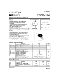 IRG4BC40W datasheet: Insulated gate bipolar transistor. VCES = 600V, VCE(on)typ. = 2.05V @ VGE = 15V, IC = 20A IRG4BC40W