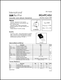 IRG4PC40U datasheet: Insulated gate bipolar transistor. VCES = 600V, VCE(on)typ. = 1.72V @ VGE = 15V, IC = 20A IRG4PC40U