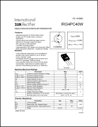 IRG4PC40W datasheet: Insulated gate bipolar transistor. VCES = 600V, VCE(on)typ. = 2.05V @ VGE = 15V, IC = 20A IRG4PC40W