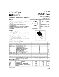 IRG4PH30K datasheet: Insulated gate bipolar transistor. VCES = 1200V, VCE(on)typ. = 3.10V @ VGE = 15V, IC = 10A IRG4PH30K