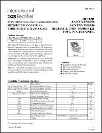 IRF130 datasheet: Repetitive avalanche and dv/dt rated HEXFET transistor thru-hole(TO-204AA/AE). BVDSS =100V, RDS(on) = 0.18 Ohm, ID = 14A IRF130