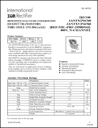 IRF330 datasheet: Repetitive avalanche and dv/dt rated HEXFET transistor thru-hole(TO-204AA/AE). BVDSS =400V, RDS(on) = 1.0 Ohm, ID = 5.5A IRF330