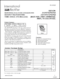 IRF430 datasheet: Repetitive avalanche and dv/dt rated HEXFET transistor thru-hole(TO-204AA/AE). BVDSS = 500V, RDS(on) = 1.5 Ohm, ID = 4.5A IRF430