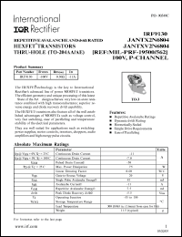 IRF9130 datasheet: Repetitive avalanche and dv/dt rated HEXFET transistor thru-hole(TO-204AA/AE). BVDSS = -100V, RDS(on) = 0.30 Ohm, ID = -11A IRF9130