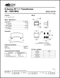 ETC1-1T-75 datasheet: 40-1000 MHz,  RF 1:1 transformer ETC1-1T-75