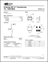 ETC2-1-4 datasheet: 10-1000 MHz,  RF 2:1 transformer ETC2-1-4