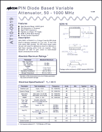 AT10-0019TR datasheet: 50-1000 MHz, PIN diode based variable attenuator AT10-0019TR