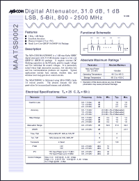 MAATSS0002-TB datasheet: 800-2500 MHz digital attenuaror, 5-bit, 31 dB, 1 dB LSB MAATSS0002-TB