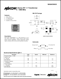 MABAES0032 datasheet: 5-1000 MHz, RF 1:1  transformer MABAES0032