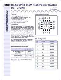 MASWSS0020 datasheet: DC-3 GHz, GaAs SP4T 2.5V high power switch MASWSS0020
