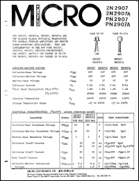 2N2907 datasheet: 400mW PNP silicon planar epitaxial transistor 2N2907