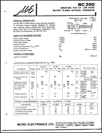 BC200 datasheet: 50mW miniature PNP AF low noise silicon planar epitaxial transistor BC200