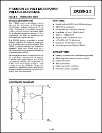 ZR285F01 datasheet: Precision 2.5 V micropower voltage reference ZR285F01