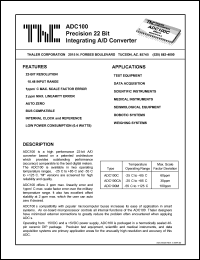 ADC100CA datasheet: Precision 22 bit integrating  A/D converter ADC100CA