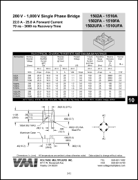 1510UFA datasheet: 1000 V single phase bridge 22-25 A forward current, 70 ns recovery time 1510UFA