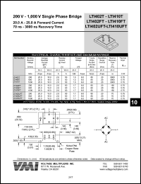 LTI1410T datasheet: 1000 V single phase bridge 20-25 A forward current, 3000 ns recovery time LTI1410T
